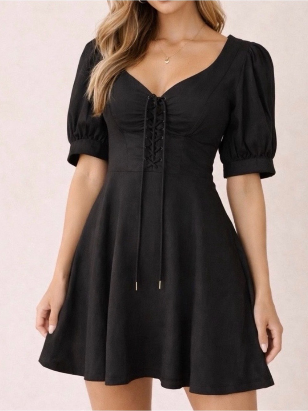House of Harlow 1960 Black Linen Blend Lace-Up Fit & Flare Mini Dress 6